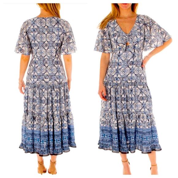 NEW Taylor Blue Floral Cut Out Midi Dress Short Flutter Sleeve Size 6 MSRP $138 - Picture 1 of 9